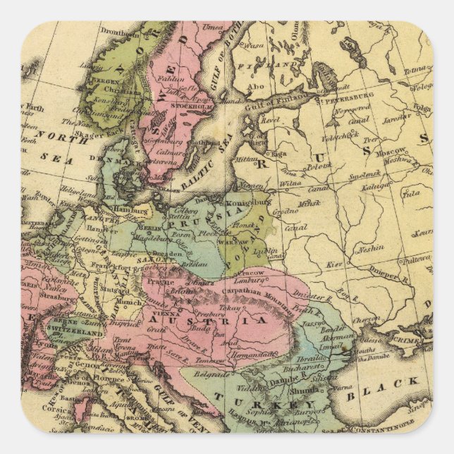 Europe Hand Coloured Atlas Map 2 Square Sticker (Front)