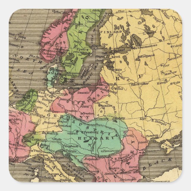 Europe Hand Coloured Atlas Map Square Sticker (Front)