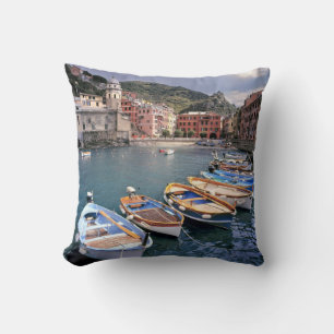 Europe, Italy, Vernazza. Brightly painted boats Cushion