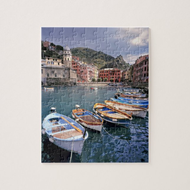 Europe, Italy, Vernazza. Brightly painted boats Jigsaw Puzzle (Vertical)