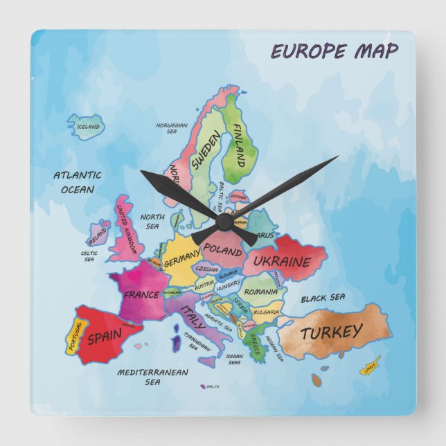 Europe Map Square Wall Clock (Front)