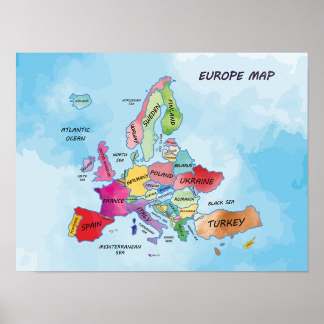 Europe Map water colour artwork Poster (Front)