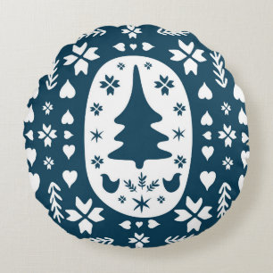 Europe Merry Christmas folk doodle art with firtre Round Cushion