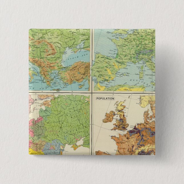 Europe physical features & population Map 15 Cm Square Badge (Front)