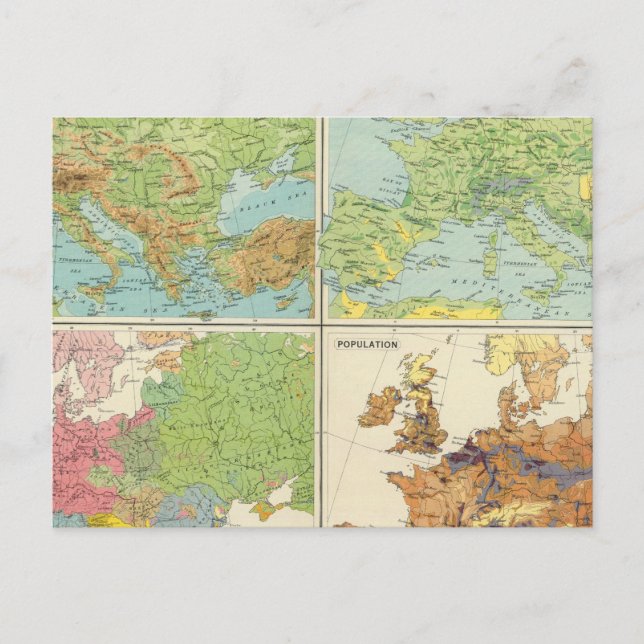 Europe physical features & population Map Postcard (Front)