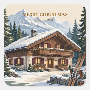 European Alpine Christmas- Snowy Mountain Winter Square Sticker