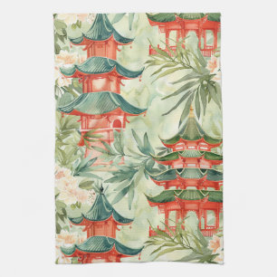 European Chinoiserie Pagoda Forest Watercolor Tea Towel