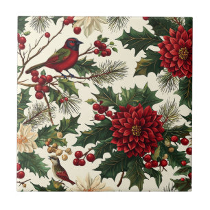 European Christmas Poinsettia Cream Red Green Ceramic Tile