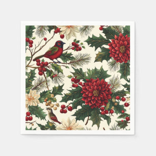 European Christmas Poinsettia Cream Red Green Napkin