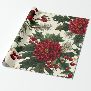 European Christmas Poinsettia Cream Red Green Wrapping Paper