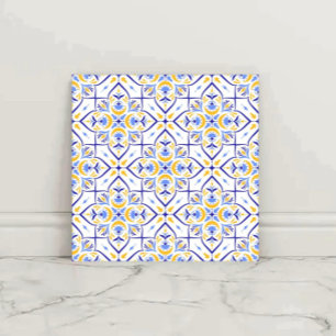 European Floral Blue and Gold Geometric Mosaic  Ceramic Tile