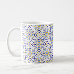 European Floral Blue and Gold Geometric Mosaic Coffee Mug