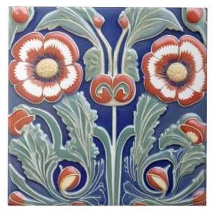European Folk Art Swirling Red Flowers Ceramic Tile