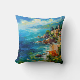 European Italian Coastline Mediterranean Painting Cushion