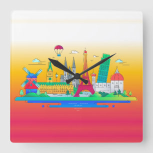 European landmarks square wall clock