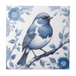 European Robin Bird Delft Blue and White Floral Ceramic Tile