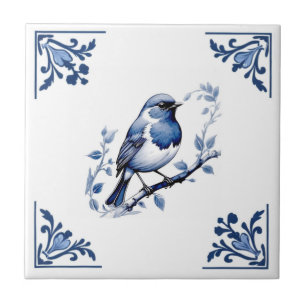 European Robin Bird Delft Blue White Floral Corner Ceramic Tile
