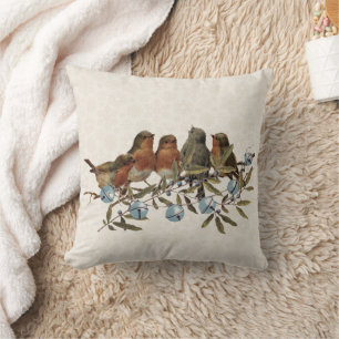 European Robin Bird Jingle Bell Snowflake Holiday Cushion