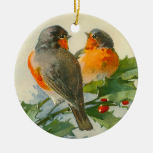 European Robin & Holly Ceramic Ornament