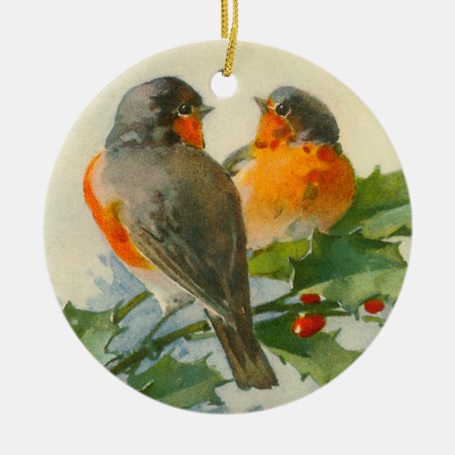 European Robin & Holly Ceramic Ornament (Front)