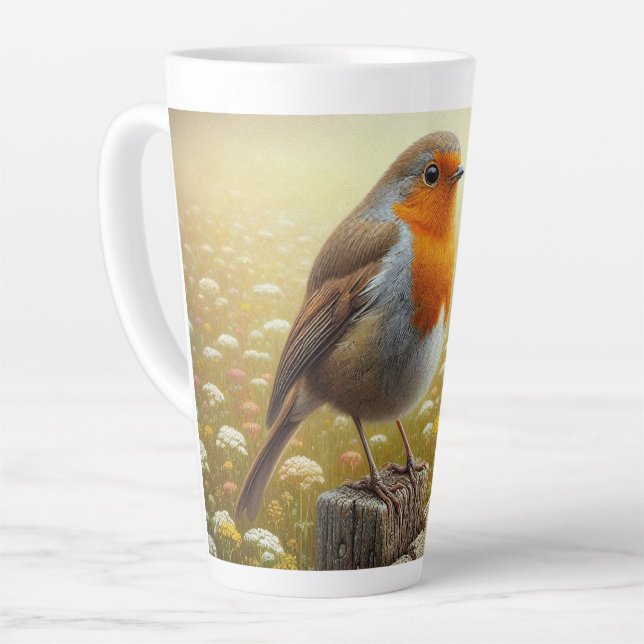European Robin Perched on Rustic Fence Latte Mug (Left Angle)