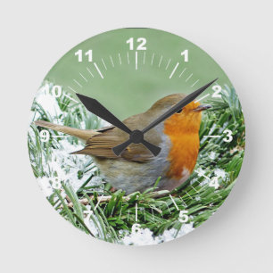 European Robin Pine Snow Photo Round Clock