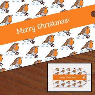 European Robin Red Breast Merry Christmas! Pattern Gift Tags