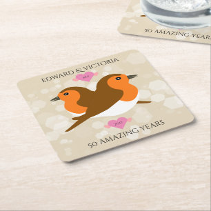European Robins Lovebirds Any Year Anniversary Square Paper Coaster