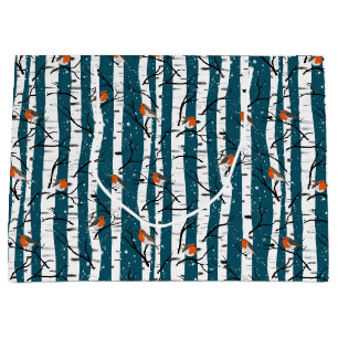 European Robins on Silver Birch in the Snow d blue Large Gift Bag