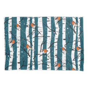 European Robins on Silver Birch in the Snow d blue Pillowcase