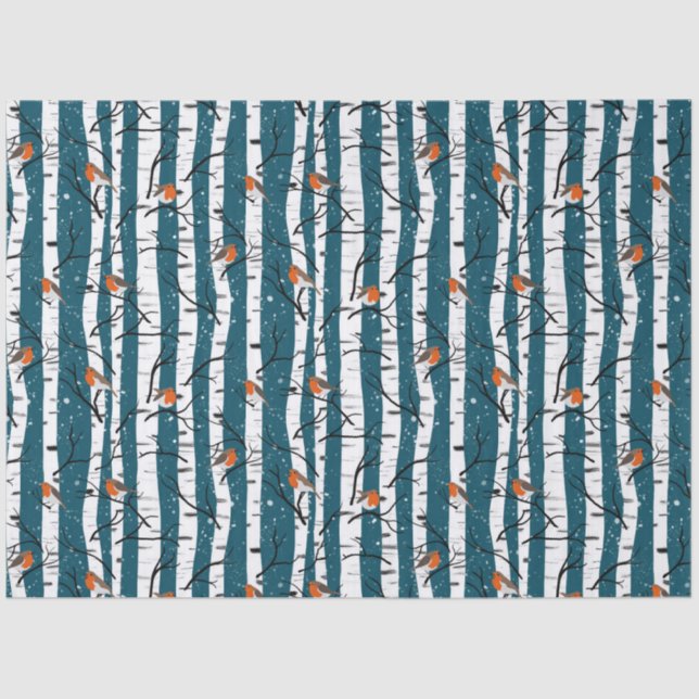 European Robins on Silver Birch in the Snow d blue Tissue Paper (Front)