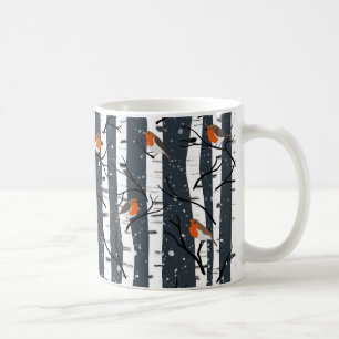 European Robins on Silver Birch in the Snow grey Coffee Mug