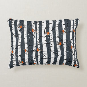 European Robins on Silver Birch in the Snow grey Decorative Cushion