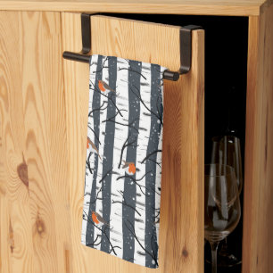 European Robins on Silver Birch in the Snow grey Tea Towel