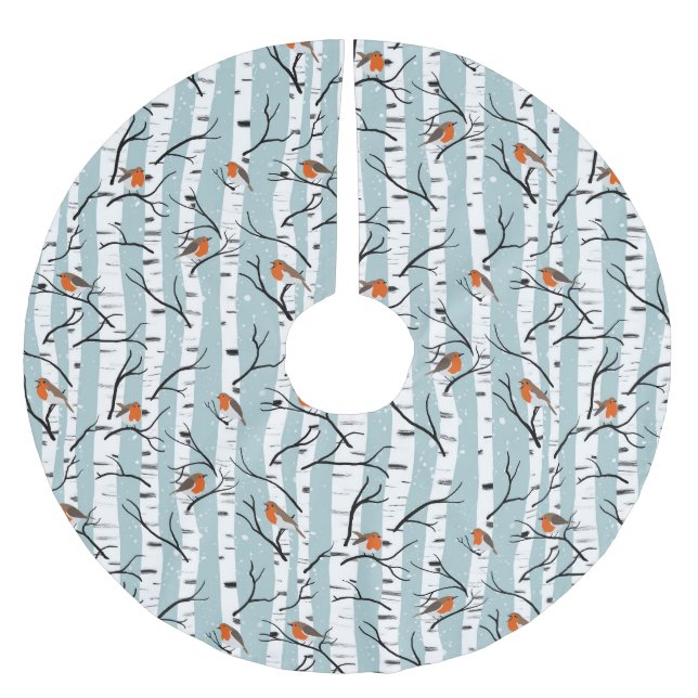 European Robins on Silver Birch in the Snow p blue Brushed Polyester Tree Skirt (Front)
