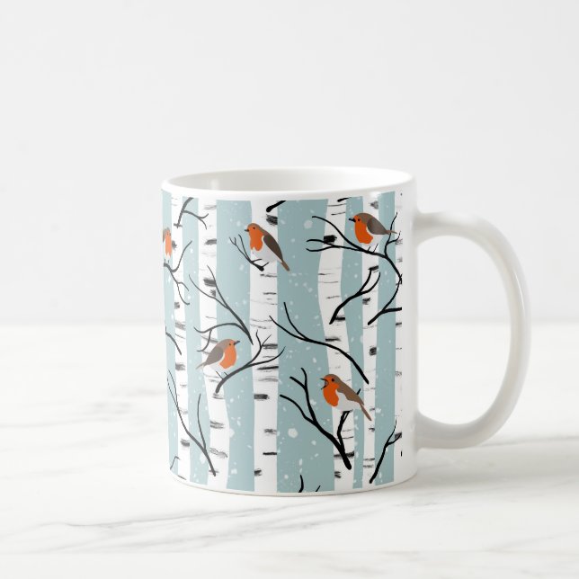 European Robins on Silver Birch in the Snow p blue Coffee Mug (Right)