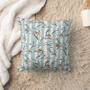 European Robins on Silver Birch in the Snow p blue Cushion