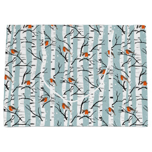 European Robins on Silver Birch in the Snow p blue Large Gift Bag