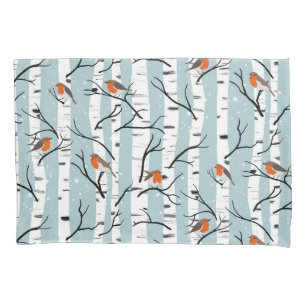 European Robins on Silver Birch in the Snow p blue Pillowcase