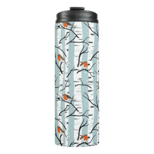 European Robins on Silver Birch in the Snow p blue Thermal Tumbler