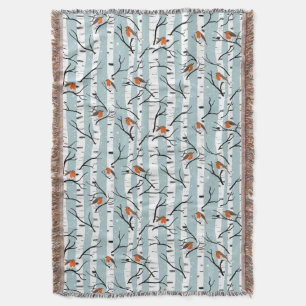 European Robins on Silver Birch in the Snow p blue Throw Blanket