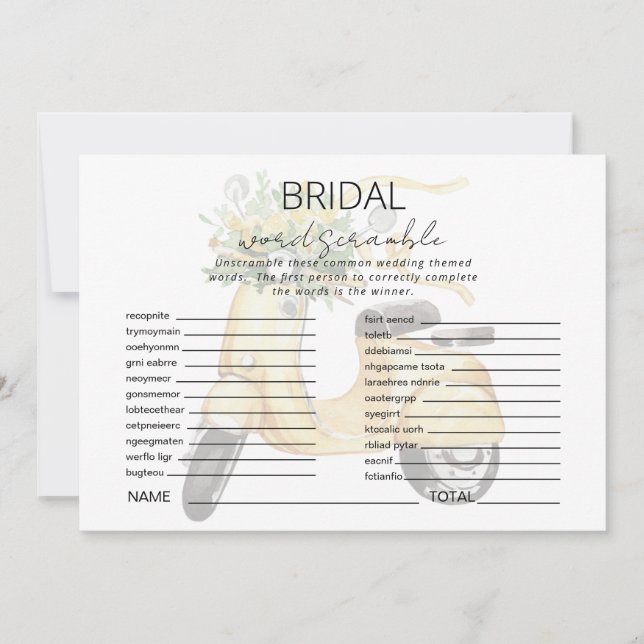 European Scooter Shower Word Scramble Game Invitation (Front)