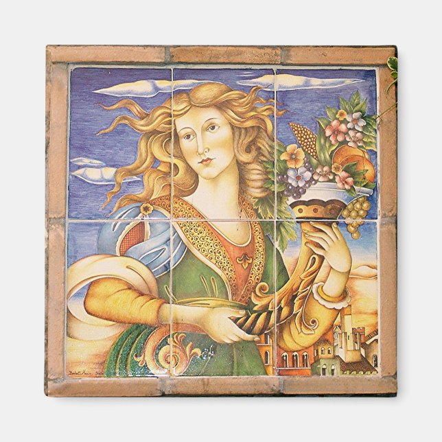 European Spanish Tile Woman Cornucopia Mosaic Magnet (Front)