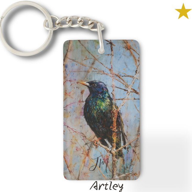 European Starling Bird Painting Custom Initials  Key Ring (Creator Uploaded)