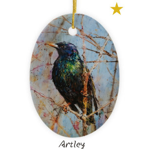 European Starling Bird Painting Year Christmas Ceramic Ornament