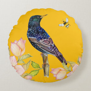 European Starling Bird Watercolor Wrapping Paper Round Cushion