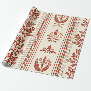 European Terracotta Toile with Botanical Stripes Wrapping Paper