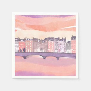 European Town Sunset   Watercolor Napkin