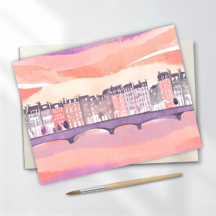 European Town Sunset Watercolor Postcard