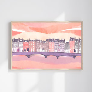 European Town Sunset   Watercolor Poster